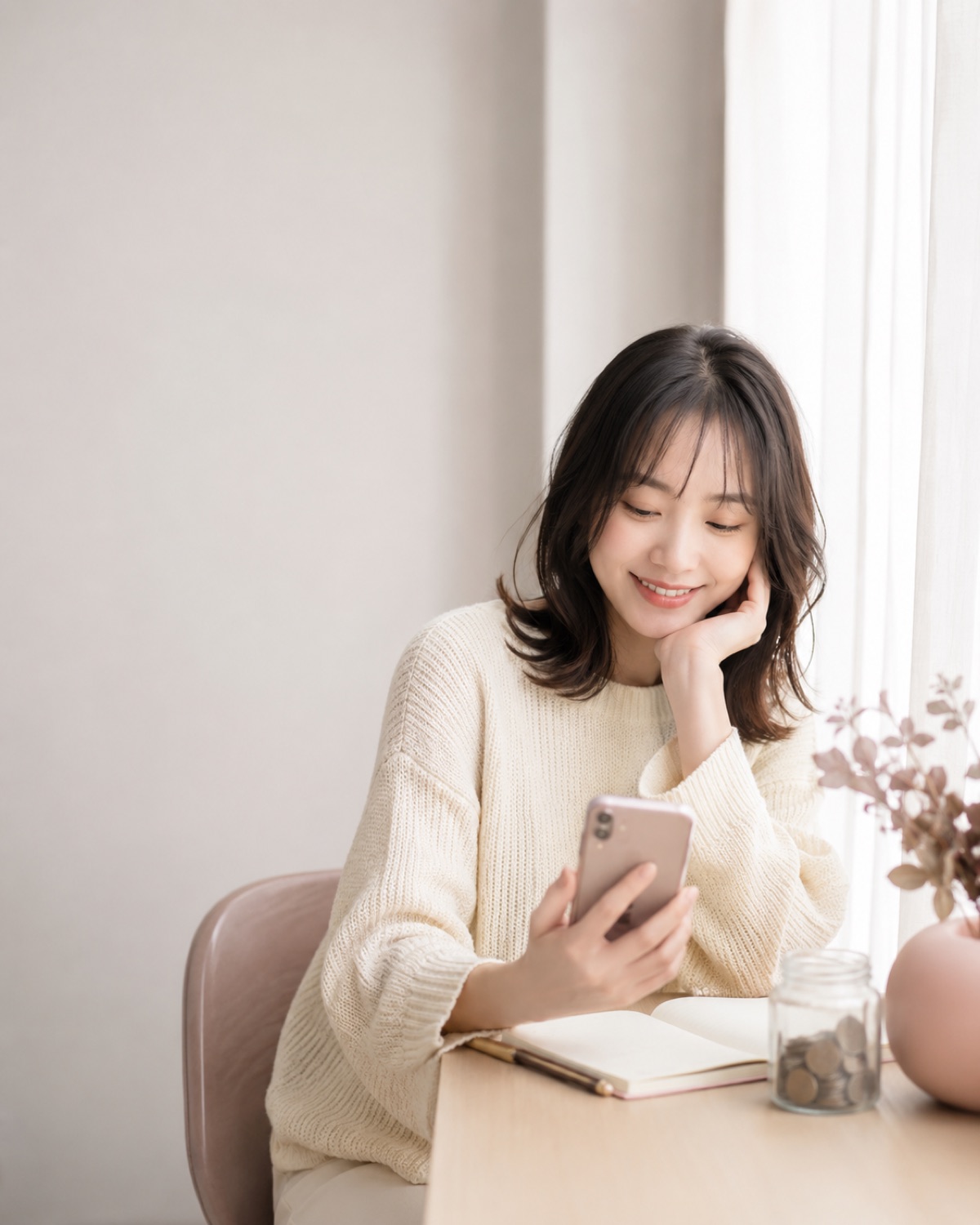 明るい窓辺のデスクでスマホを見る20代女性
