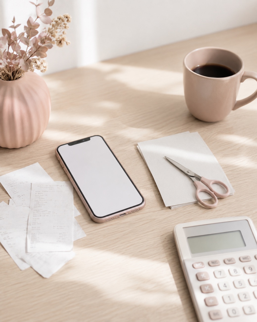 レシートとスマホ、電卓を広げてサブスクを見直す家計デスク