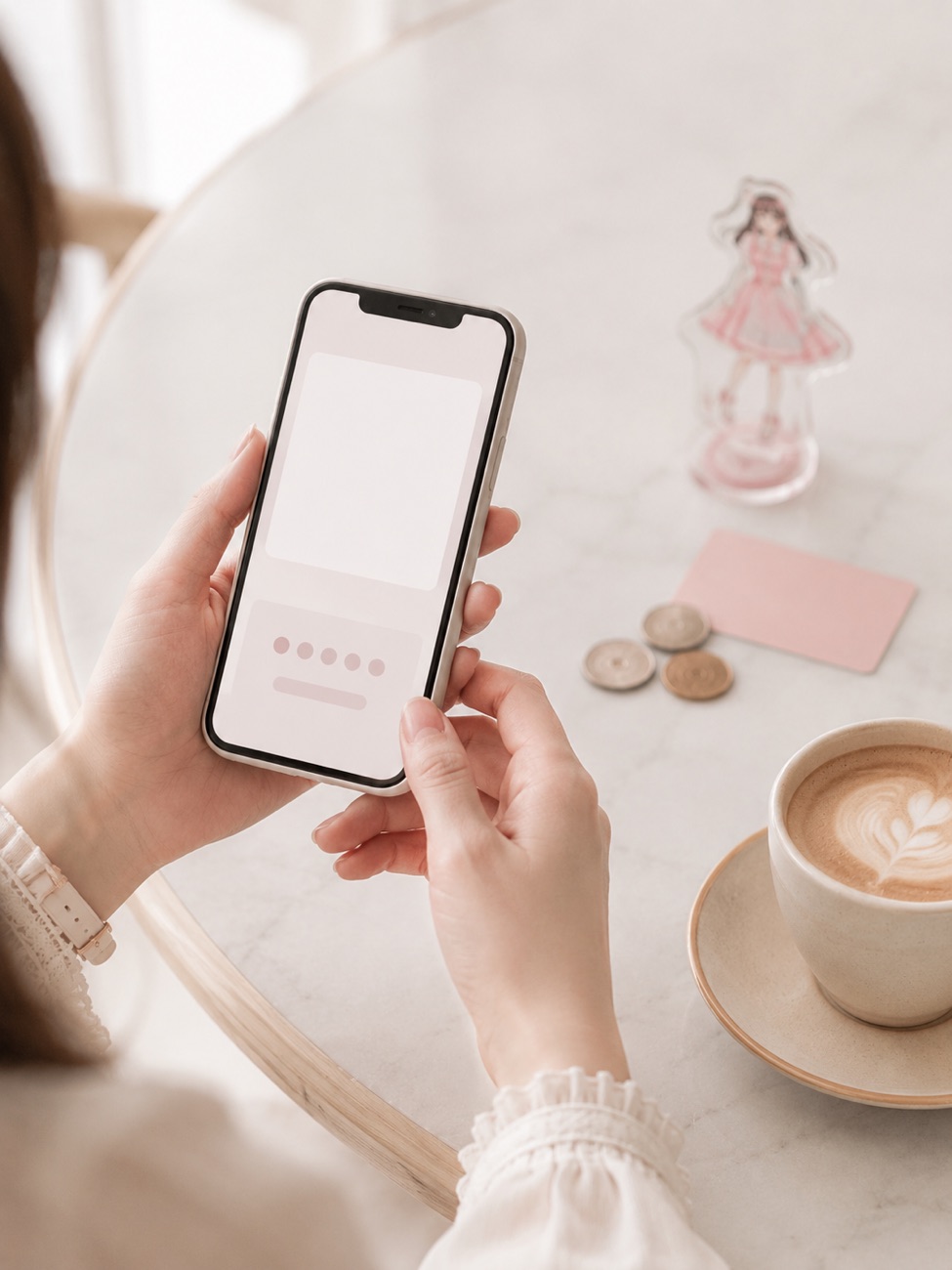 スマホアプリを見る手元とコイン、推しのアクスタ